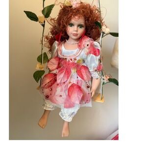 Cathay Collection Porcelain Fairy Doll Red Hair Green Eyes on Swing 0143/5000